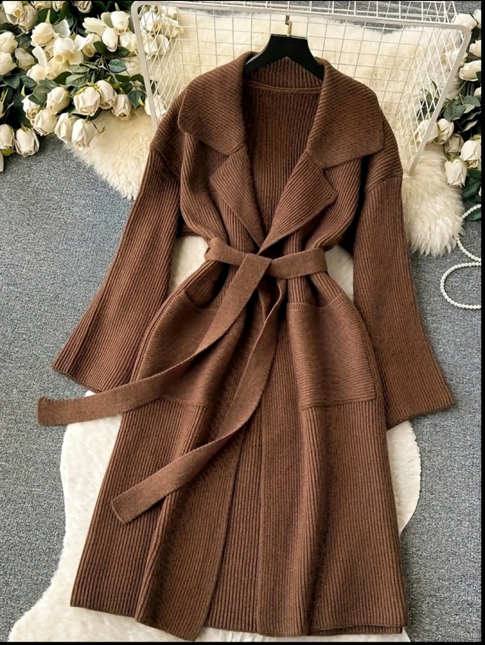 Cozy Ribbed Knit Belted Cardigan - Chocolate Brown